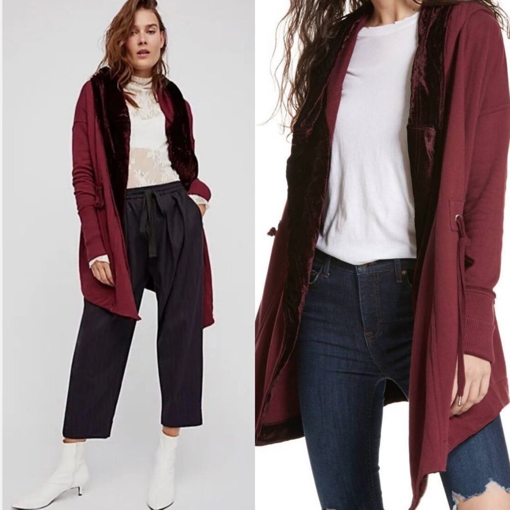 Free people maroon hooded Westwood cardigan jacket women’s‎ size L